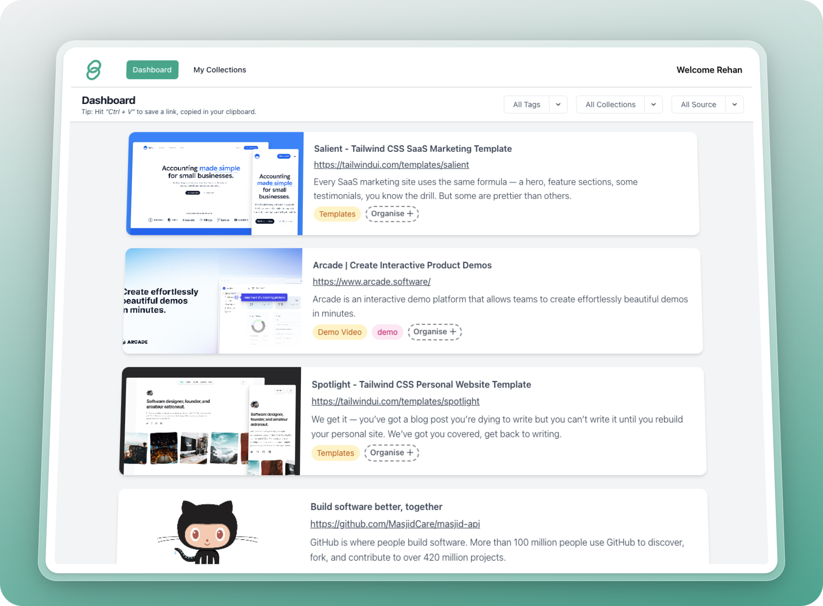 Dashboard Showcase - Organise & Share your links from all your Socia Media Apps